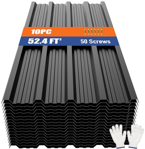 Brakki Pannelli per coperture in metallo ondulato, 10 pezzi, 52,4 m², pannelli per tetto in acciaio zincato nero con vite, rivestimento in metallo resistente, adatti per garage, pollaio, capannoni