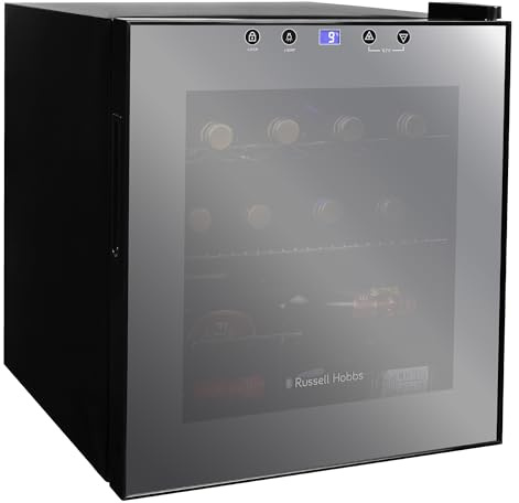 Russell Hobbs Wine Cooler 46 Litre 12 Bottle Undercounter Freestanding Beverage Holder for Beer, Stainless Steel, LED Light, Drinks & Snacks Mirrored Glass Door, RH15WC201MR