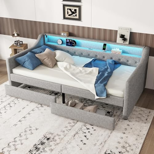 ECLIVON Schlafsofa Kinderbett 90x200 mit LED-Streifen & USB-Anschluss, Grau | Für Wohnzimmer Schlafzimmer, Einzelbett Polsterbett mit 2 Schubladen, Stauraumbett mit Lattenrost, Ohne Matratze, Leinen