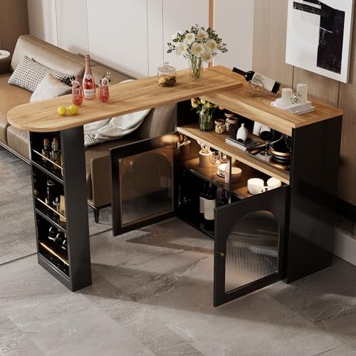 LAKFEW Mesa de bar Extensible Giratoria Moderna con LED y Almacenaje, Mesa de Comedor Extensible con 2 Puertas de Cristal, Mesa Alta Cocina Isla de Cocina para Restaurantes, 138(193)x39x105 cm, Negro