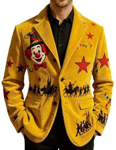 DUHENWU Blazer de Noël en velours côtelé pour homme - Motif de Noël - Veste d'hiver doublée - Manteau de costume d'affaires - Veste de Noël sportive - Tenue festive - Blazer de vacances, O jaune., S