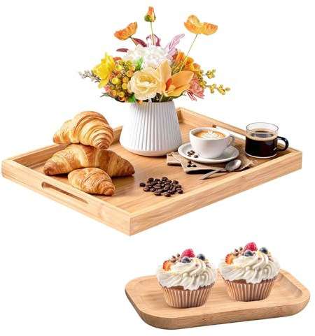 YGCQFH Bambus-Serviertablett mit Griffen, Serviertablett Bambus 2-teilig in 38x26cm und 20x13cm - ideal fürs Wohnzimmer oder als Deko-Tablett bei Frühstück und Party (Natur)