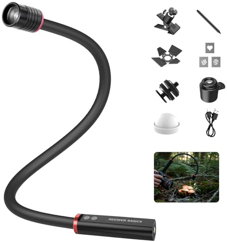 NEEWER Basics ML01 Luz Foco LED USB-C para Macrofotografía, 4W IP54 Flexible Angulo Haz Ajustable, 1830lux CRI 95 con 5 Color RGB, Batería 2500 mAh, Zapata Fría Cámara, Abrazadera, GOBO Accesorios