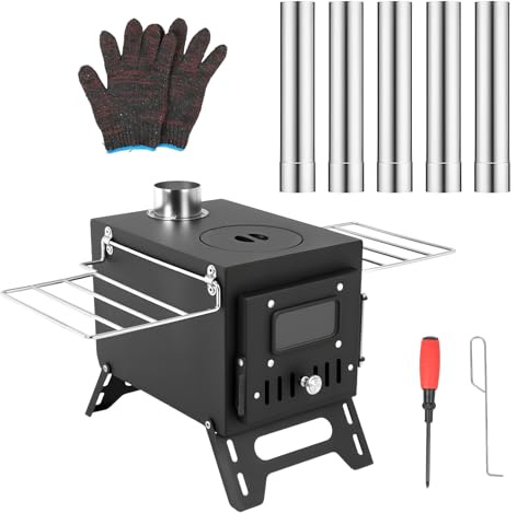 Portable Camping Wood Burning Stove with 5 Chimney Pipes, Carbon Steel Construction, 113cm Height, Foldable Tent Heater with Side Shelves, Adjustable Ventilation, Includes Gloves and Accessories