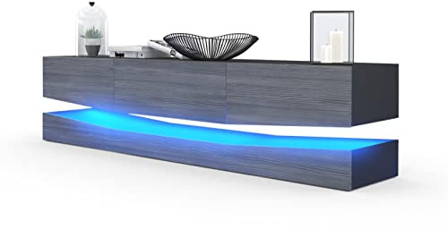 Vladon Lowboard City, Made in Germany, TV-Kommode mit Sockelelement, 1 offenem Fach und 3 Schubkästen, Schwarz matt/Avola-Anthrazit, inkl. LED-Beleuchtung (178 x variabel x 39 cm)