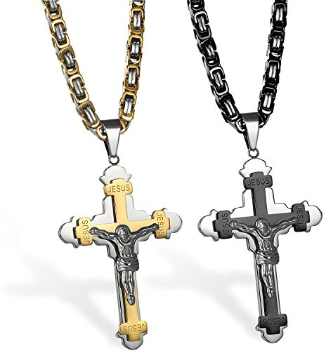 JewelryWe Herren Halskette mit Jesus Christus Kreuz Anhänger Edelstahl Kruzifix Kreuz Kette Weizenkette Cross Necklace Gold Schwarz