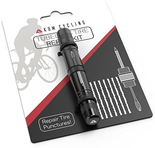 KOM Cycling Tubeless Tire Repair Kit for Bikes – 8 Colors! Fixes Mountain Bike and Road Bicycle Tire Punctures – Includes Tire Repair Fork and Reamer, 8 Bacon Strips. Tubeless Repair Made Easy (Black)