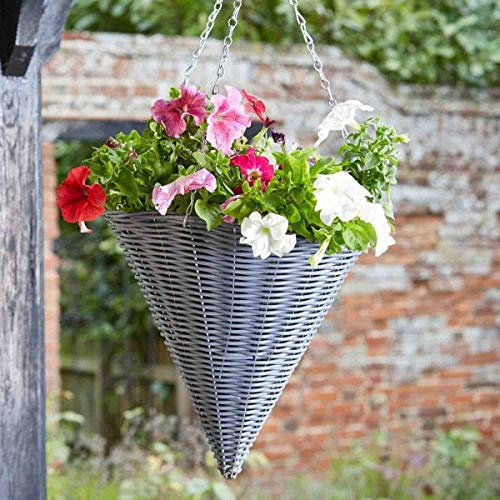 Garden Mile® Garden Hanging Flower Basket 14'' Cone Rattan Effect Plant Holder Outdoor Plant Pot Planter with Hanging Chain Grey Wicker Flower Pot Basket Pre-Lined for Easy Planting