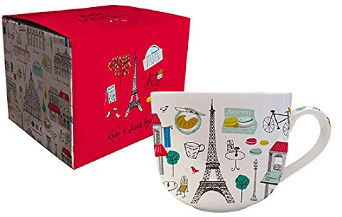 KIUB - Grand bol Paris Tour eiffel et tout PARIS avec une anse - Motif tous les symboles de Paris - matière porcelaine fine - contenance 670ML