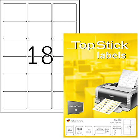 TopStick 8735 Adressetiketten, 1000 Blatt, 63,5 x 46,6 mm, 18 pro A4 Bogen, 18000 Stück, selbstklebend, bedruckbar, matt, blanko Papier Adressaufkleber Etiketten, weiß