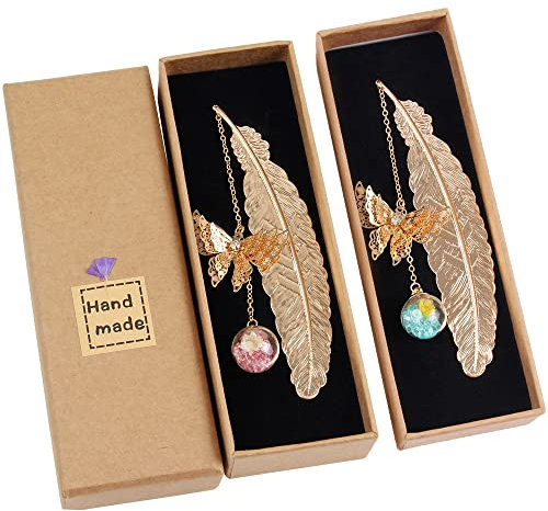 JSMTKJ Metall-Lesezeichen mit Schmetterling und Trockenblume, Feder aus Metall, 2 Stück