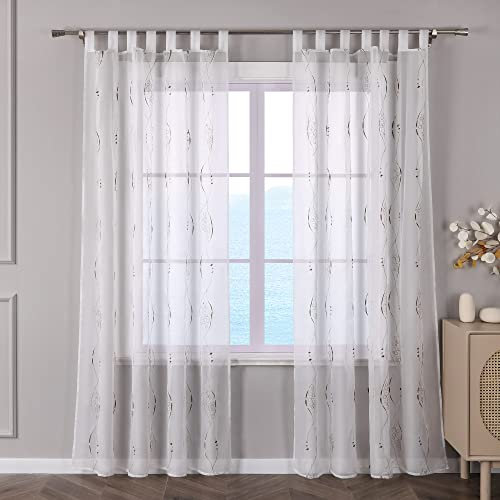 ESLIR Gardinen mit Schlaufen Vorhänge Gardinenschals Transparent Schlaufenschal Fensterschal Bestickt Voile Braun BxH 140x225cm 1 Stück