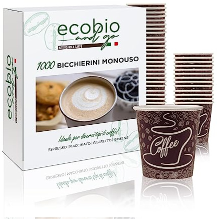 Ecobio and Go -1000 Bicchierini Caffè in Carta Biodegradabili 75ml - Resistenti, Antiscivolo, Ideali per Bar, Ufficio e Casa - Ecologici e Monouso, BROWN COFFEE