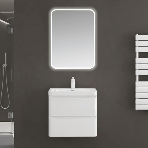 doporro Unterschrank Weiß 60cm mit Waschbecken LED-Badspiegel | Wandhängendes Badmöbel-Set mit Mineralguss-Waschbecken, LED-Spiegel – pflegeleicht für moderne Bäder Lucca