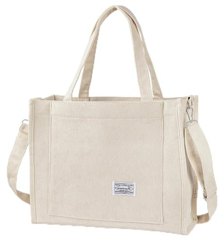 BROADREAM Cord Tasche Damen - Groß Handtasche Umhängetasche mit Reißverschluss,Schultertasche Shopper Damen Henkeltasche für Schule Einkauf Shopper Lässige täglich (XL, Beige)
