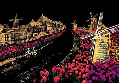 Figured'Art Kratzbild im Format A3 (29,7 x 42 cm) – Tulpen in den Niederlanden – Komplettset mit Scratch Painting Kratzkarte