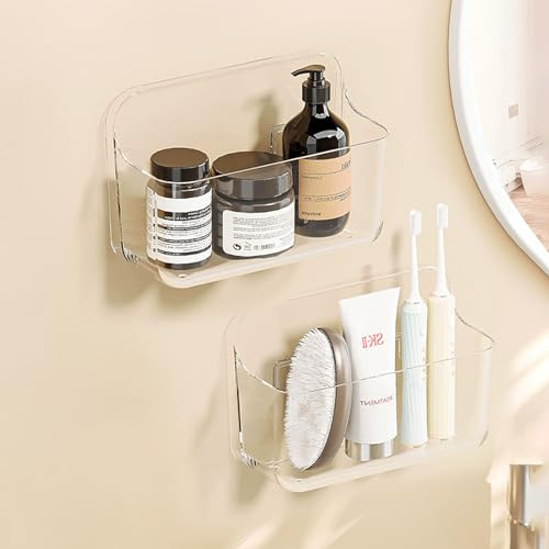 Lermende Badezimmer Organizer, 2 Stücks Transparenter Duschablage Ohne Bohren zur Wandmontage mit Selbstklebendem Klebeband, Kunststoff-Duschregale für Badezimmer und Küche-Kleiner Korb.