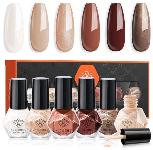 Modelones Nail Polish Set 6 Colors Brown Nude Silver Glitter Nail Polish Set Gray Quick Dry Neutral Nail Varnish Finger Nail Polish Manicure DIY Nail Art Salon Home For Women