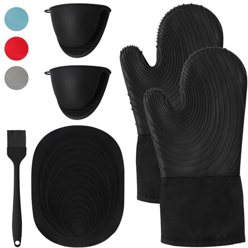 WUFANC Guanti Da Forno, Guanti Forno Possono Resistere A Temperature Fino A 250 ℃, Guanto Da Forno In Silicone Non Sono Rigidi, Presine, Cuocere Al Forno(6 pezzi) (Nero, L)