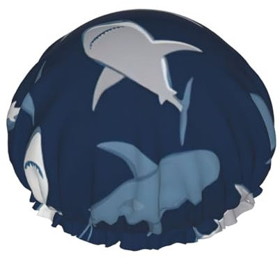 Blaue Cartoon-Hai-Duschhaube für Frauen, wiederverwendbare Duschhaube, wasserdichte Badekappe für Frauen, langes Haar