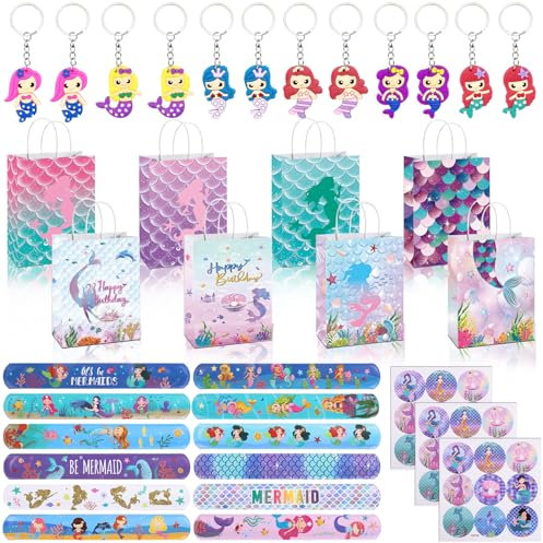 Unvtap 59 Stück Meerjungfrau Geburtstag Mitgebsel Kindergeburtstag Mädchen Meerjungfrauen Deko Geschenktüten Meerjungfrau Schnapparmband Schlüsselanhänger und Meerjungfrau Aufkleber Gastgeschenke