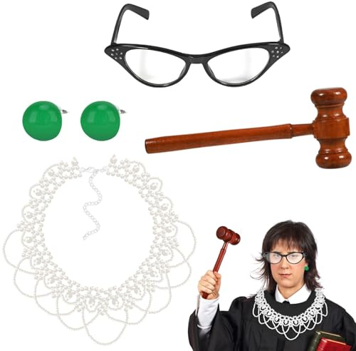 XEPST Domare kostymset för kvinnor – 4 delar domare kostymtillbehör set med halsband med falsk krage domare hammare glasögon gröna örhängen för halloween kostym cosplay karneval kostym klä upp