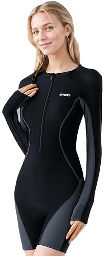 Beachkini Damen-Einteiler-Surfanzug,Lange Ärmel, Mittellange Hose,Neues Elastisches Material,UV-Schutz