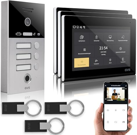 GVS Video Türsprechanlage 3 Familienhaus RFID + Fingerprint - 3x7 Monitor | Smarte Video Türklingel mit Kamera und Monitor & App - Gegensprechanlage mit Türöffner, RFID & Fingerprint (AVS5091A)