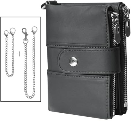 CRFASIBE Cartera Hombre de Cuero con 2 Cadena,Protección RFID,Bifold y Slim | Billetera Hombre con 14 Tarjeteros y 2 Ranuras para Billetes,Regalo Dia del Padre,Monedero con Caja de Regalo y Tarjeta-Negro
