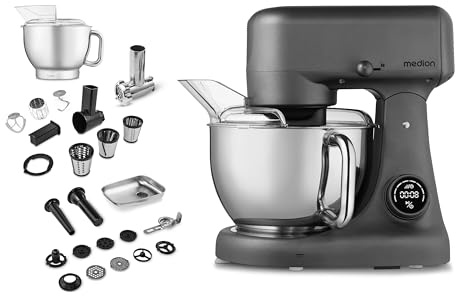 MEDION Robot de cuisine avec hachoir à viande (800 watts, moteur à courant continu, bol en acier inoxydable de 4,6 litres, économie d'énergie, ultra-silencieux, écran tactile à capteurs numériques, MD
