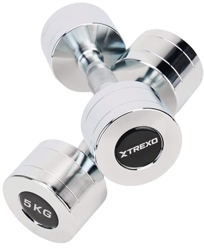 XTREXO Verchromte Hanteln Set 2x5 kg Satz Stahlhanteln mit rutschfestem Griff Kurzhanteln ideal für Kraft-, Ausdauer- und Funktionstraining Perfekt für Zuhause und das Fitnessstudio