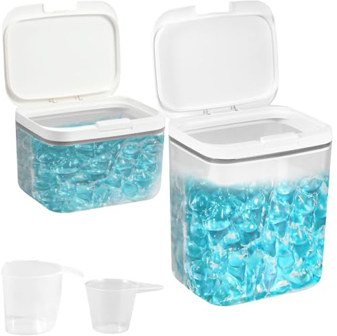 2 Stück Wäsche Pods Behälter 2.8L+5.5L mit Messbecher und luftdichtem Deckel,Große Kapazität Waschpulver Aufbewahrungsbox,wasserdicht,verwendbar für Waschmittel,Trockenfutter/Müsli Aufbewahrung