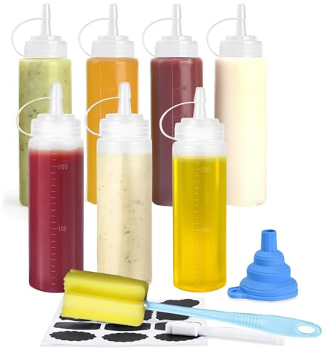 CafullCon 7 Stück 8 oz Squeeze Flasche, 240ml Kunststoff Quetschflasche mit Kappen, Wiederverwendbar Kein Leck groß Saucenflasche mit Bürste und Aufklebern für Ketchup Condiment Pigment Saucen Malen