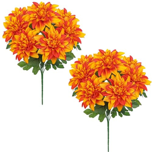 Hollyone 2PCS Orange Dahlia Bunches, 4.7'' Large Artificial Flowers 14PCS Dahlia Flower Heads, Silk Flowers Fake Bouquet for Floral Arrangements, Home Decor, Wedding, DIY, Living Room Decorations