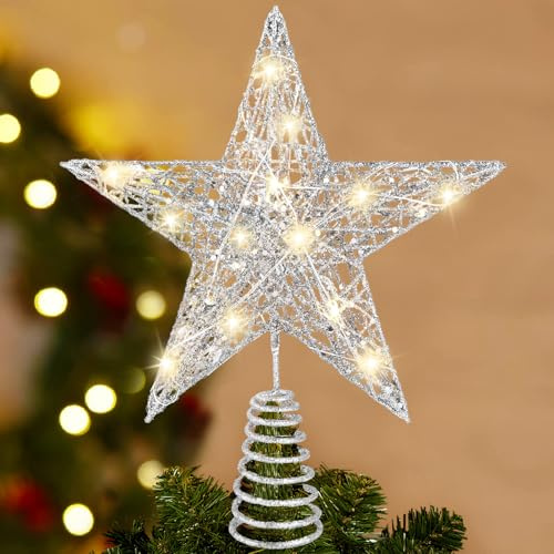 DTYDECLE Christmas Tree Topper Lighted, 11.4’’ Sliver Glittered Xmas Hollow Star Treetop Toppers Ornaments with 20 LED Lights for Indoor Christmas Tree New Year Holiday Decorations