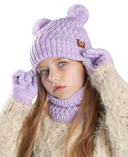 Maeau Fille Bonnet Écharpe et Gants Ensemble Pompon pour Garcon Tour de Cou Hiver Packs Enfants Gant Tricoté Thermique Enfant Echarpe en Tricot Laine Tricotée Set Cache Cou Chaud Chaude Violet