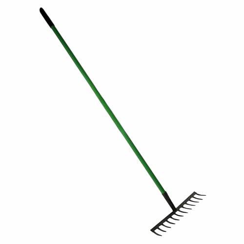 Heavy Duty Garden Rake with Long Handle, 12 Teeth Carbon Steel Lawn Rake for Soil Preparation, Leaf Clearing, Grass Levelling & Weed Removal, Durable Metal Gardening Tool