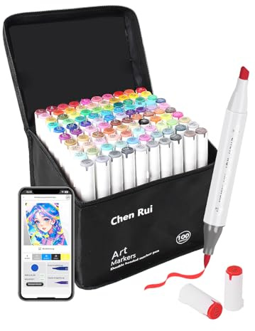 Chen Rui 100 Colori Pennarelli ad Alcool con App, Marcatori Doppia Punta | Pennello e Grossa | Codice Colore | Miscelabile | Sicuro | Markers per Calligrafia, Disegno, Pittura, Illustrazioni