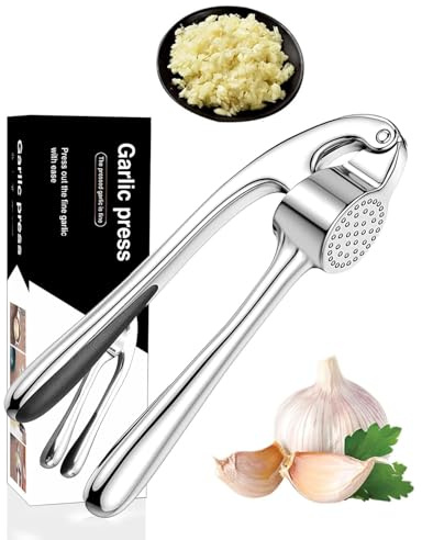 FUGLUS 1pcs Presse-ail Inox de Cuisine Professionnelle, Ecrase Ail, Broyeur D'ail, Hachoir à Ail Convivial, Facile à Nettoyer et Durable, Argenté