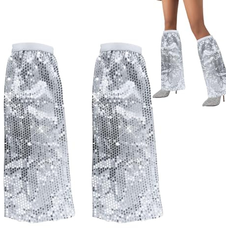Abba Kostüm Damen Stulpen,Abba Outfit Disco 70er Jahre für Glitzer Kleid Hose,Sequin Pailletten Beinstulpen Silber Schwarz Gelb Discokugel Kostüm für Stiefel Hippie Boots für Karneval Fasching Party