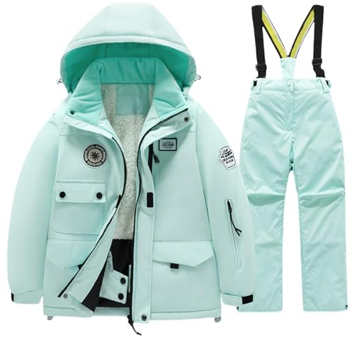 Tuta da neve pesante da bambino, 2 pezzi, giacca e giacca da neve, impermeabile, antivento, per snowboard, sci, per bambini, inverno e attività all'aperto, Verde menta, 10-11 Years