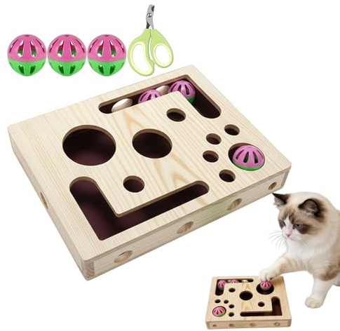 Katzenspielzeug Kratzpuzzle Box | Holz Kratzmöbel Kratzbrett mit Klingelball,Kratzbox Katzenkrallenpflege Nagelfeile Spiel Aktivität | Für Indoor Kätzchen Pflege Couch Möbel Ecke Teppich