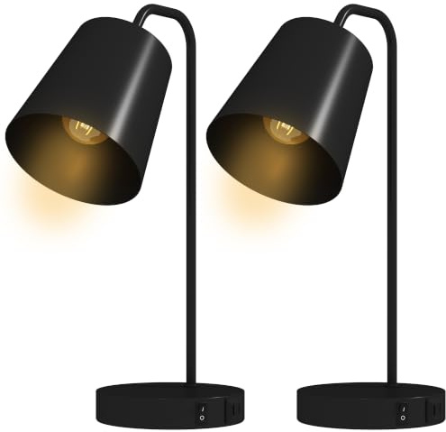 HOMCOM Tischlampe 2er Set mit USB-A- und USB-C-Anschluss Stahl Schwarz | Moderne Tischleuchte, Nachttischlampen, für Schlafzimmer, Wohnzimmer & Büro, Ohne Leuchtmittel