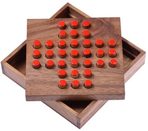 Solitär Gr. L - Solitaire - Steckspiel - Denkspiel - Knobelspiel - Geduldspiel - Logikspiel aus Holz - rote Stecker