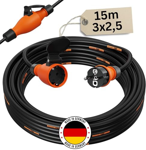 Verlängerungskabel 15 Meter IP54 Außen Verlängerung 15m Stromkabel Außenbereich Kabel Strom Verlaengerungskabel Gummikabel TITANEX 3x2,5 Schuko Outdoor Extension Cord