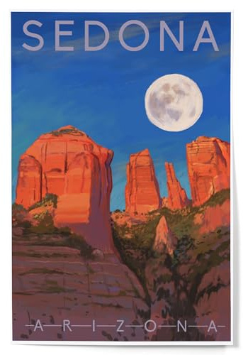 Lantern Press Print, Sedona, Arizona, Cathedral Rock and Moon, Oil