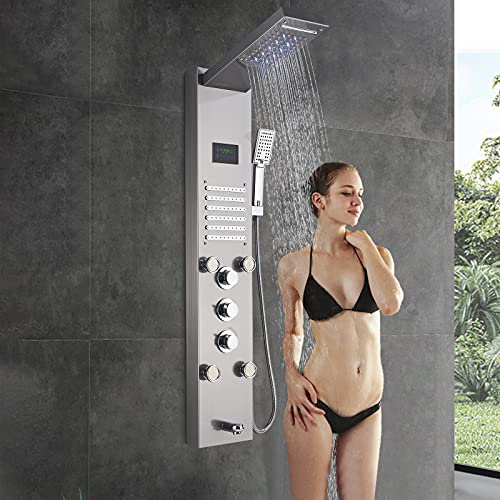 Saeuwtowy Panneau Colonne de Douche LED Hydromassante en Acier Inox Avec 4 Grandes Buses Massants et 12 Micro-jets de Massage Panneau écran Affichage LCD