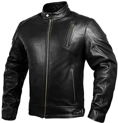 HWK Leather Motorcycle Jacket with Armor for Men, Cafe Racer Genuine Leather Jacket for Weather Resistant Enduro Motocross, Motorbike Riding, Easy Adjust Men's Motorcycle Jacket, X-Large