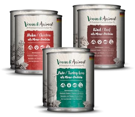 Venandi Animal - Premium Nassfutter für Katzen, Probierpaket I, Huhn, Pute, Rind, 6 x 800 g (6er Pack), getreidefrei und naturbelassen