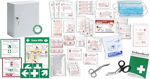 Erste Hilfe Schrank-Medizinschrank-Verbandschrank (247x110x250) -Komplettpaket- Füllung nach AKTUELLER DIN/EN 13157 (Betriebe) + viele Extras INKL. Verbandbuch + Aushang + Folienaufkleber